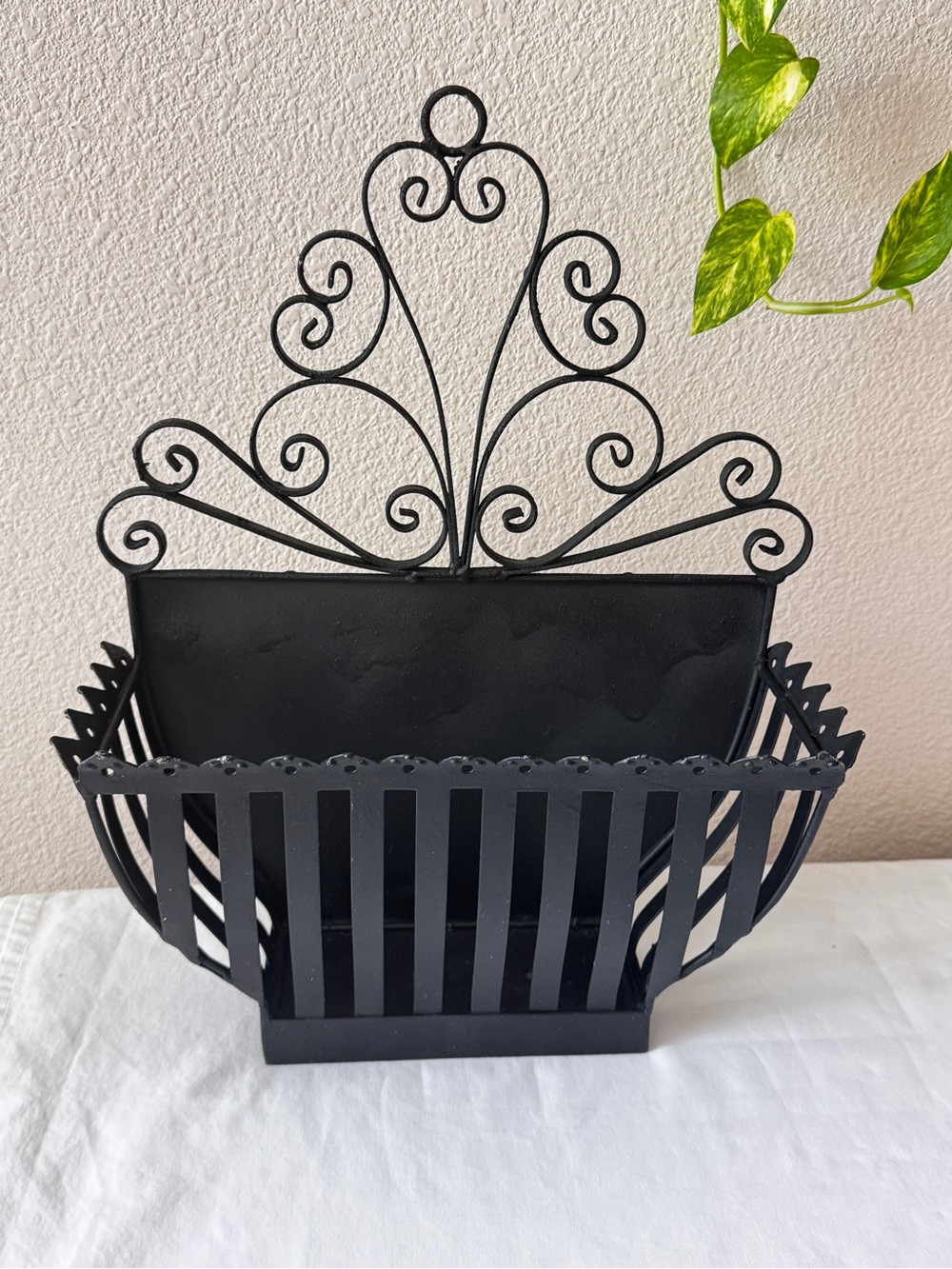 Black Decorative Metal Wall Planter with Scroll Accent